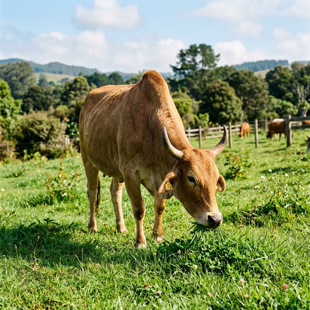 Indian cow eating grass in sanctuary