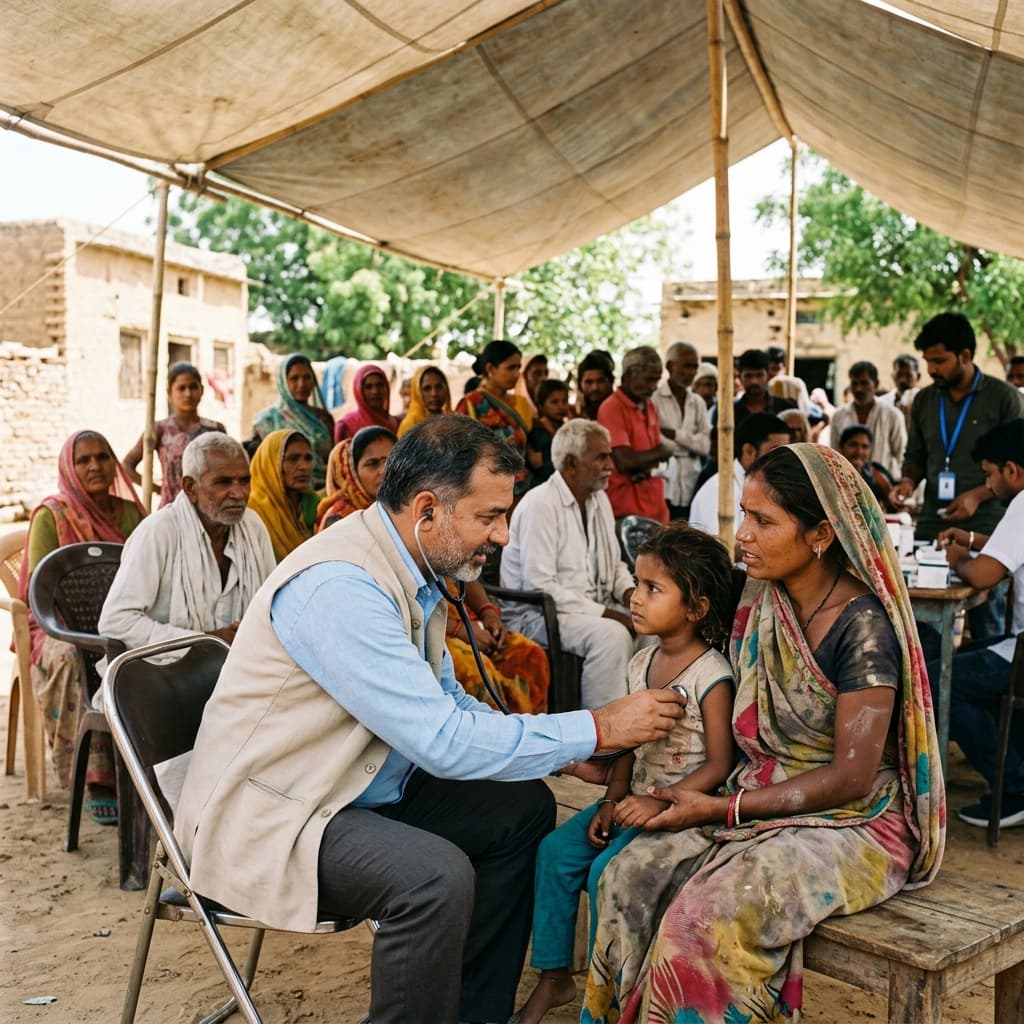 Doctor at rural medical camp treating patients